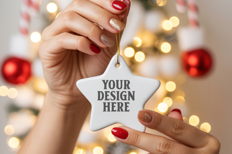 Christmas Star Ceramic Ornament Mockup | Cozy Boho Holiday D