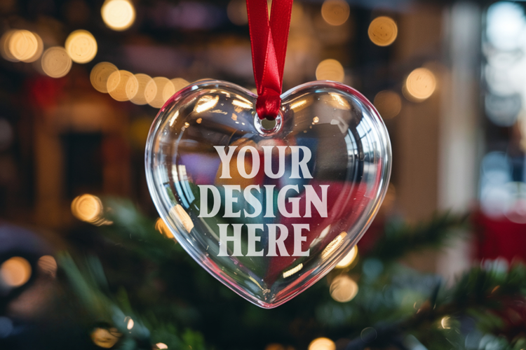 Christmas Heart Crystal Glass Ornament Mockup | Clear Heart