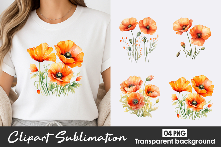 Orange Poppy Watercolor Clipart PNG