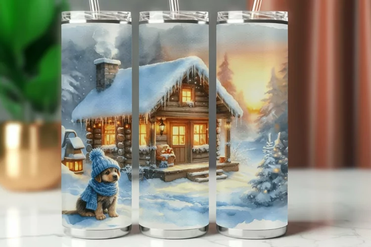 Tumbler Wrap 20 oz - winter wooden house with dog