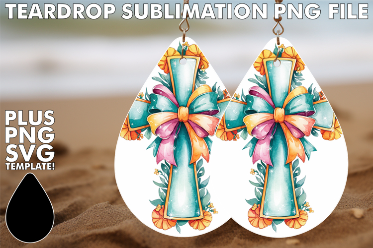 Charming Teardrop Earrings Design PNG, Flower Cross