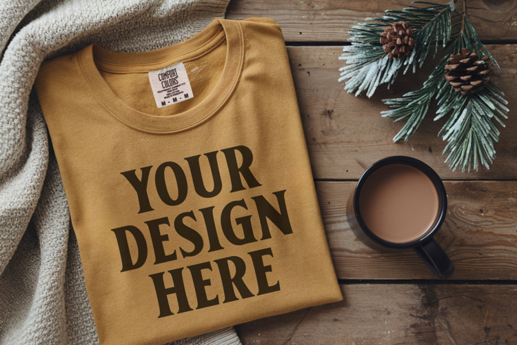 Mustard Comfort Colors 1717 Christmas Folded T-Shirt Mockup