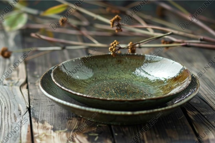 Two empty green ceramic plates standing on rustic wooden tab