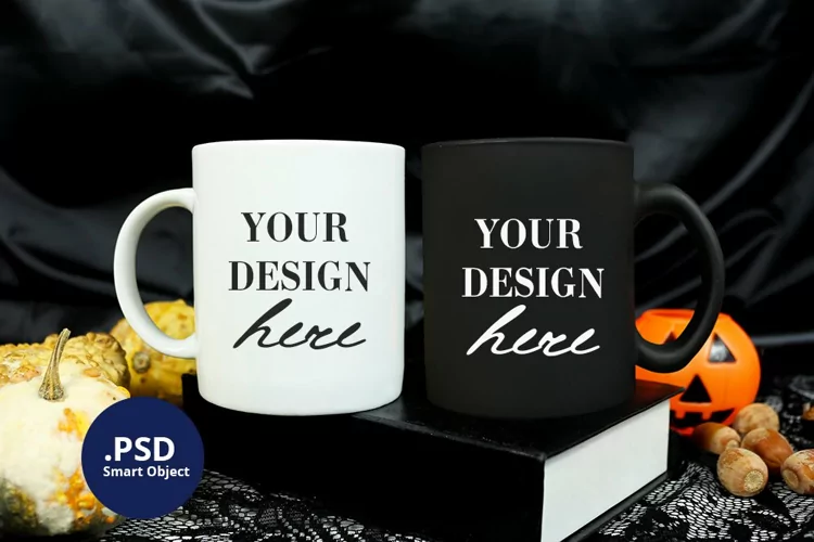 Halloween White & Black mug mockup PSD, 2 Two mugs mock up