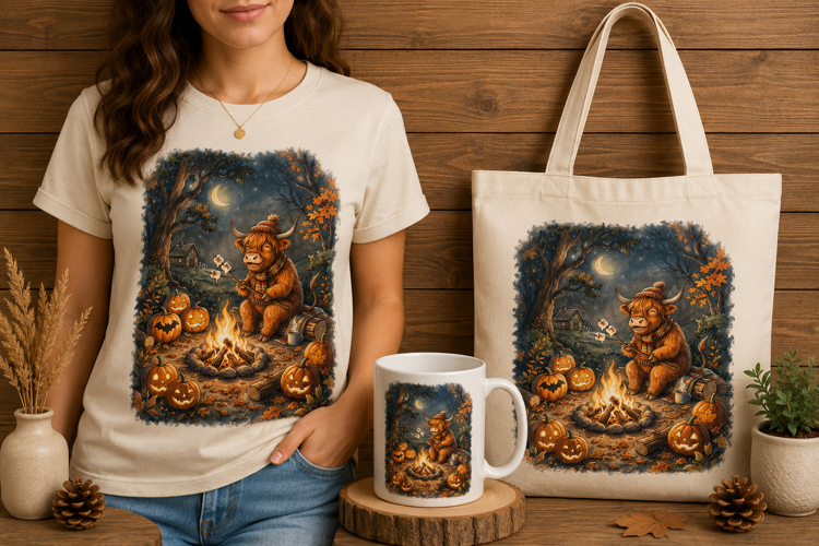 Cute Highland Cow Roasting Marshmallows Fall Art Print