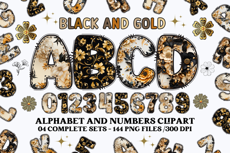 Black and Gold Alphabet png clipart, gold letters doodle