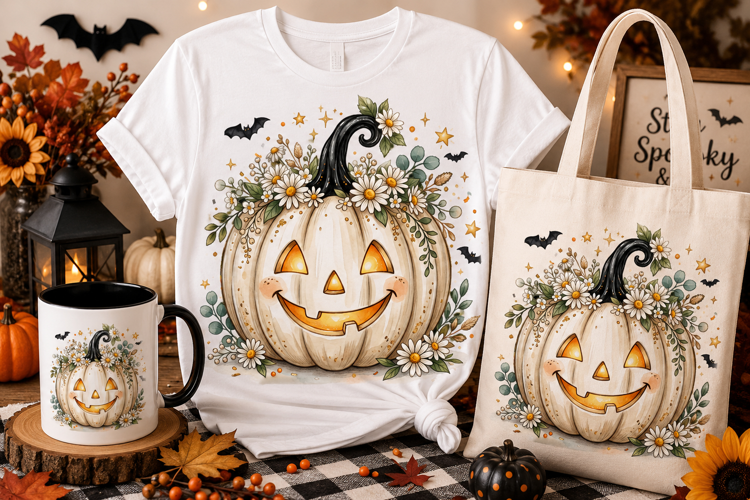 White Floral Pumpkin PNG | Cute Halloween Sublimation Design