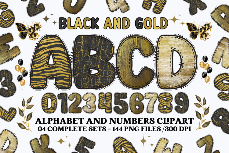 Black and Gold Alphabet png clipart, gold letters doodle