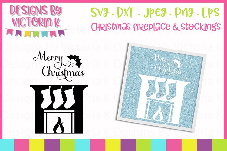 Christmas Fireplace, 3 Stockings SVG Cut File example image 1