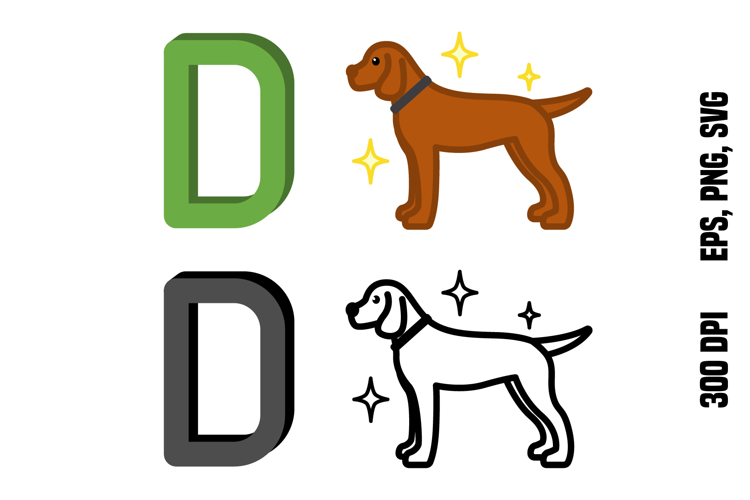 Letter D and Dog. Color and Line Vector