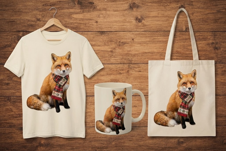 Elegant Fox Wearing Christmas Scarf Holiday Art PNG