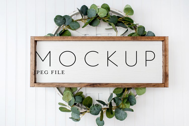 8x24 Wood Sign Mockup, Square Blank Frame, JPEG example image 1