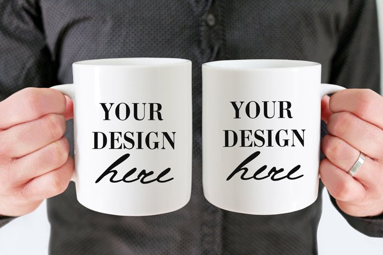 Two mugs mockup with man, Man holding two coffee mugs mockup