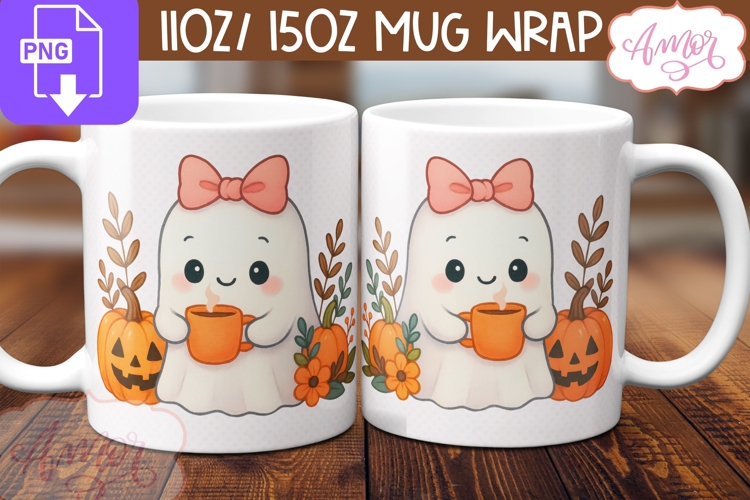 Cute Halloween mug wrap PNG, Cute ghost and pumpkins png