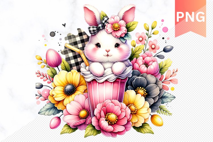 Easter Bunny And Milkshake Flowers Sublimation - Clipart PNG