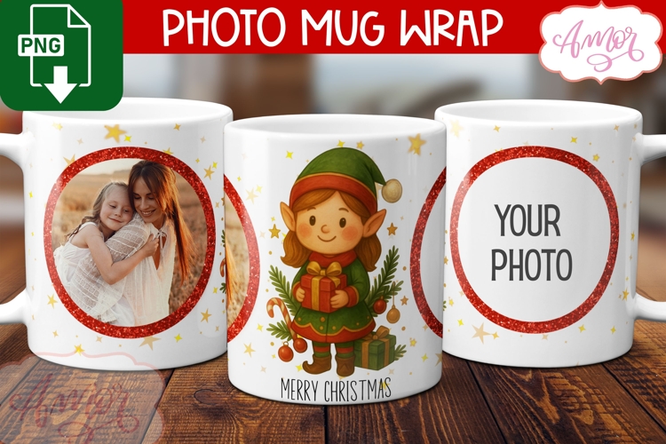 Christmas photo mug wrap PNG, Christmas elf mug template