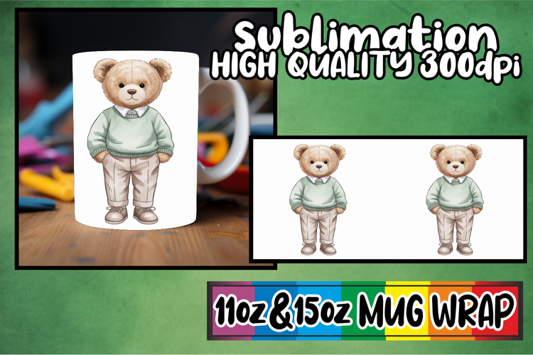 Breathtaking style sublimation 11oz 15oz mug wrap, Teddy Bea