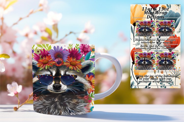 Vibrant Raccoon with Floral Mug Wrap 11oz/15oz