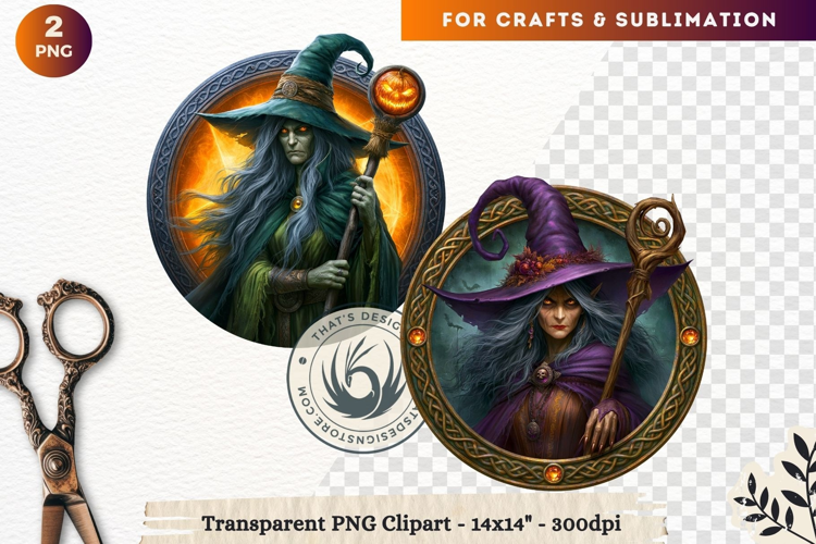Dark Fantasy Halloween Witches Medallion Clipart sublimation
