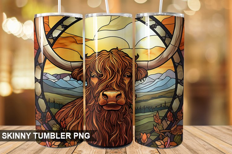 Stained Glass Highland Cow PNG Tumbler Design