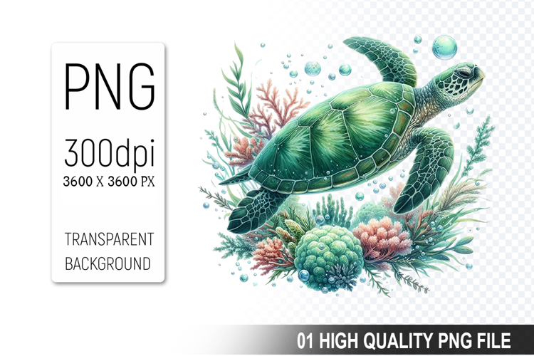 Floral Sea Turtle Clipart, Watercolor Sea Turtle PNG File