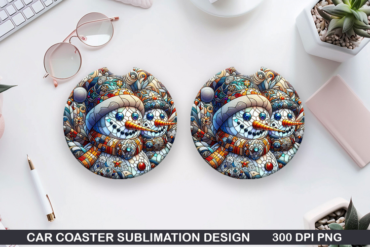 Snowman Car Coaster Sublimation|Christmas Coaster PNG Design