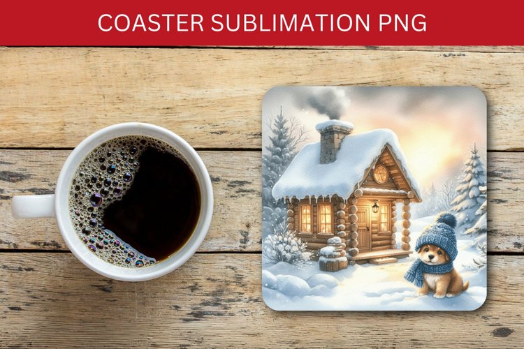 square coaster - christmas winter wooden house example image 1