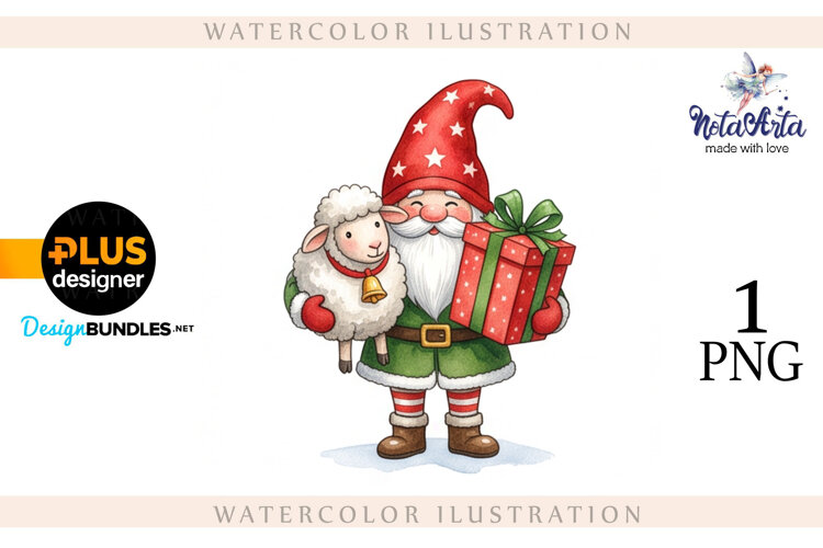 Christmas Gnome Santa with a Sheep in Watercolor Style example image 1