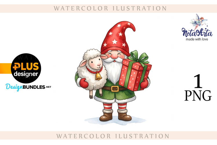 Christmas Gnome Santa with a Sheep in Watercolor Style