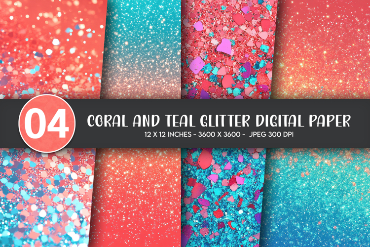 Coral and Teal Glitter Digital Paper