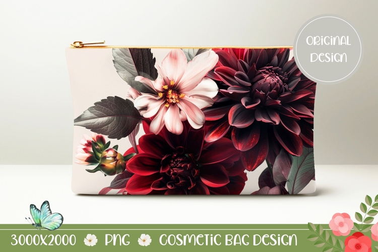 Burgundy Flowers Cosmetic Bag, Floral Cosmetic Bag Design