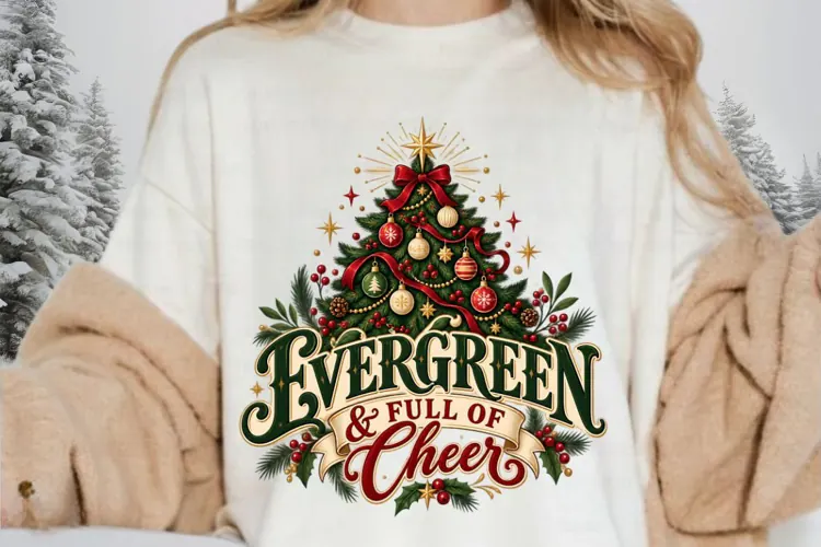 Evergreen & Full of Cheer Christmas PNG, Vintage Holiday