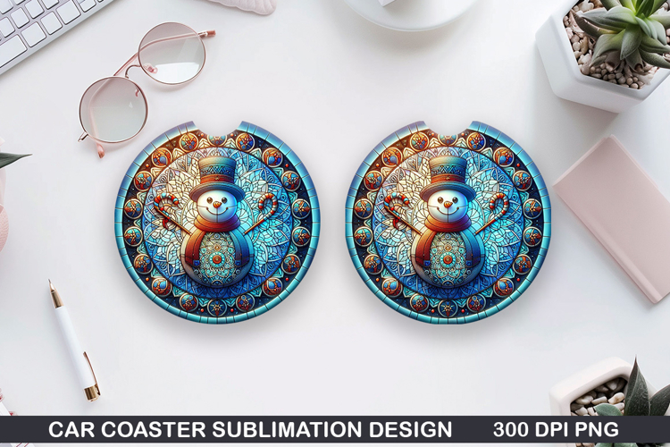 Snowman Car Coaster Sublimation|Christmas Coaster PNG Design