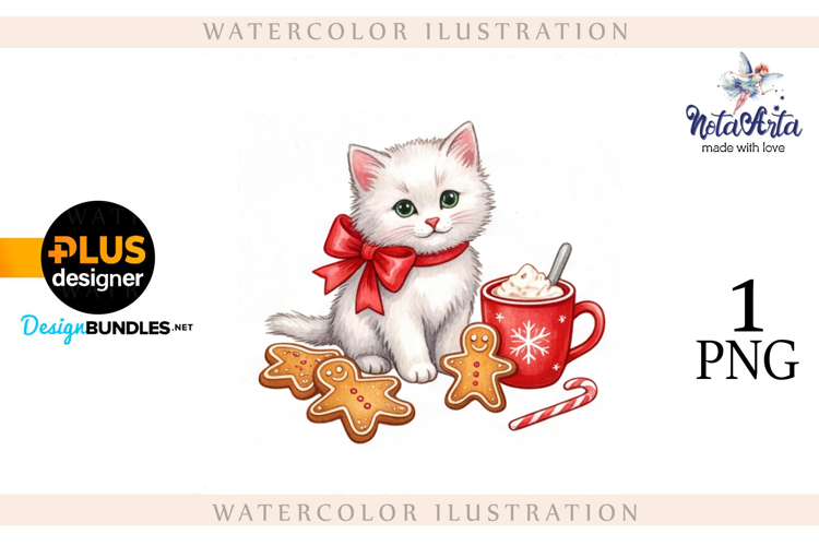 Christmas Kitten in Watercolor Style