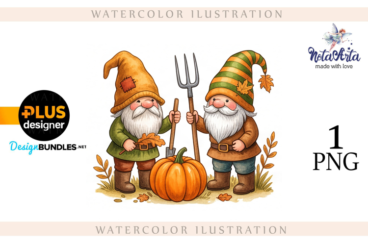 Gnomes with Pumpkin Harvest in Watercolor Style