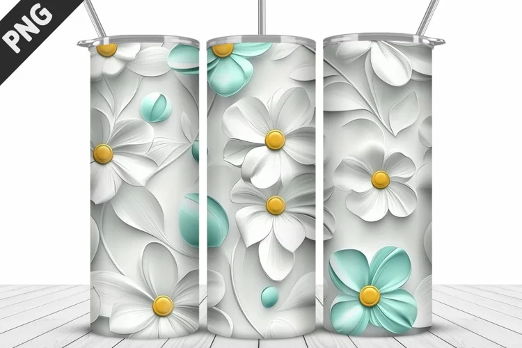 3D White Flowers Tumbler Wrap | Sublimation Design | Tumbler