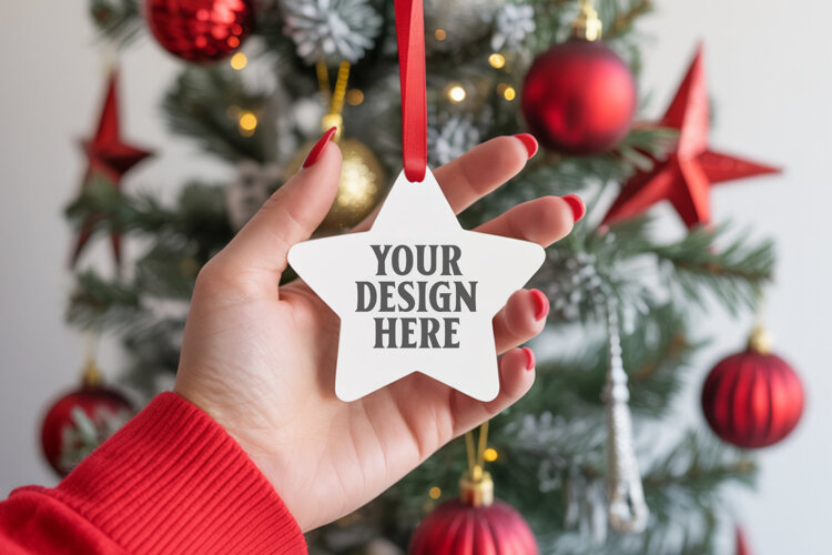 Christmas Star Ceramic Ornament Mockup | Cozy Boho Holiday D example image 1