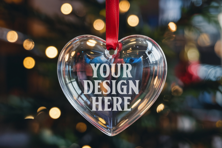 Christmas Heart Crystal Glass Ornament Mockup | Clear Heart
