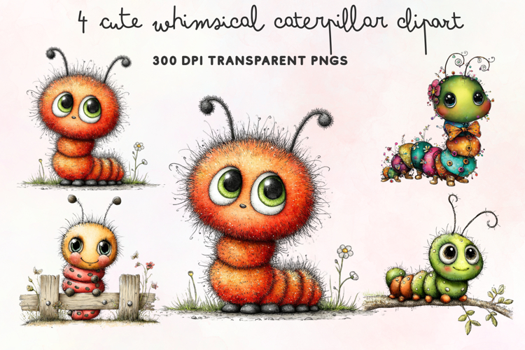 Cute Whimsical Caterpillar Clipart PNG example image 1