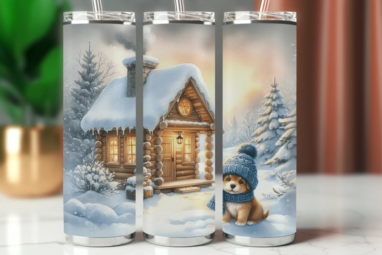 Tumbler Wrap 20 oz - winter wooden house with dog example image 1