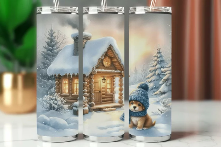 Tumbler Wrap 20 oz - winter wooden house with dog