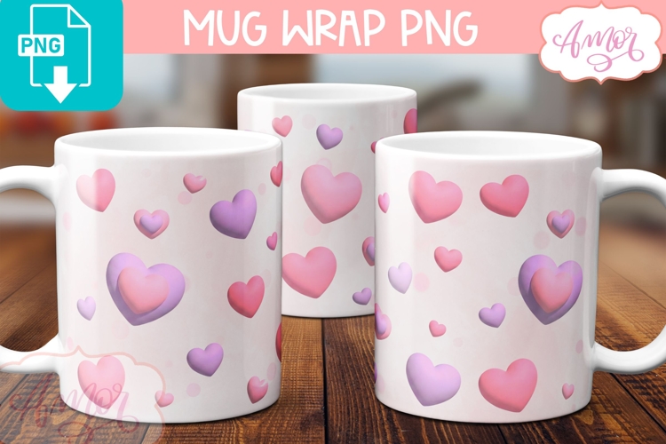Valentine Mug Wrap PNG, Pink Hearts Mug Template