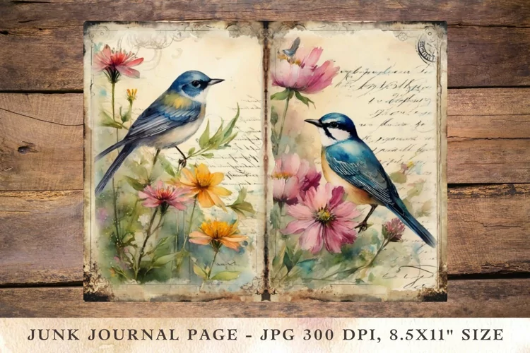 Printable Junk Journal Pages wildflower bird 1