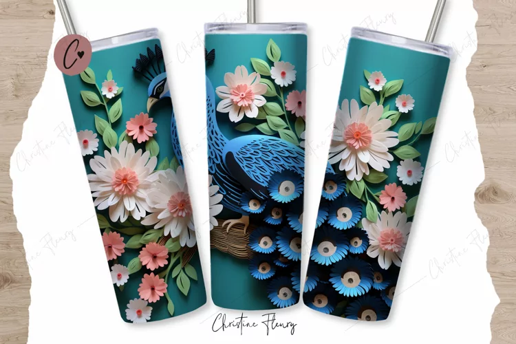 3D Peacock with Flowers Paper Tumbler Wrap Sublimation