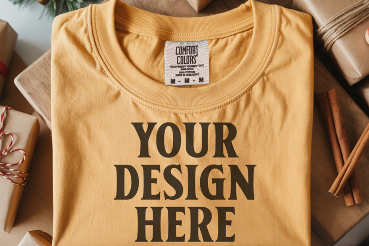 Mustard Comfort Colors 1717 Christmas Folded T-Shirt Mockup