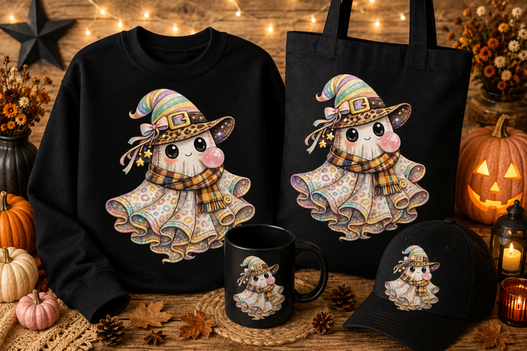 Cute Ghost with Rainbow Witch Hat PNG | Kawaii Halloween Gho
