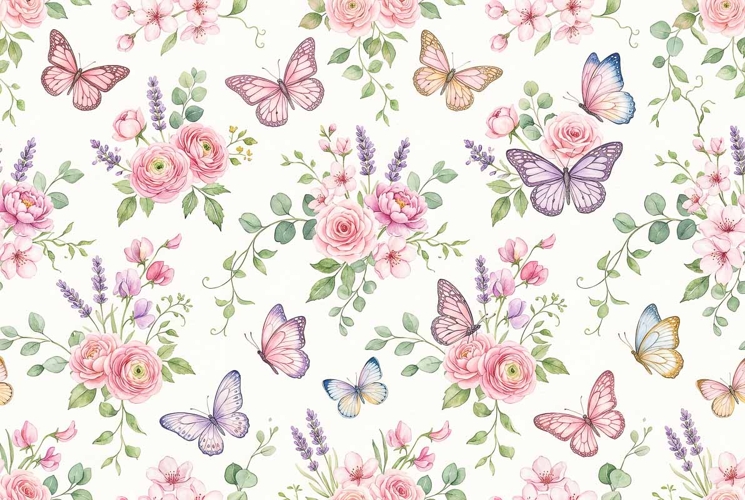 Watercolor seamless butterflies pattern Mothers Day