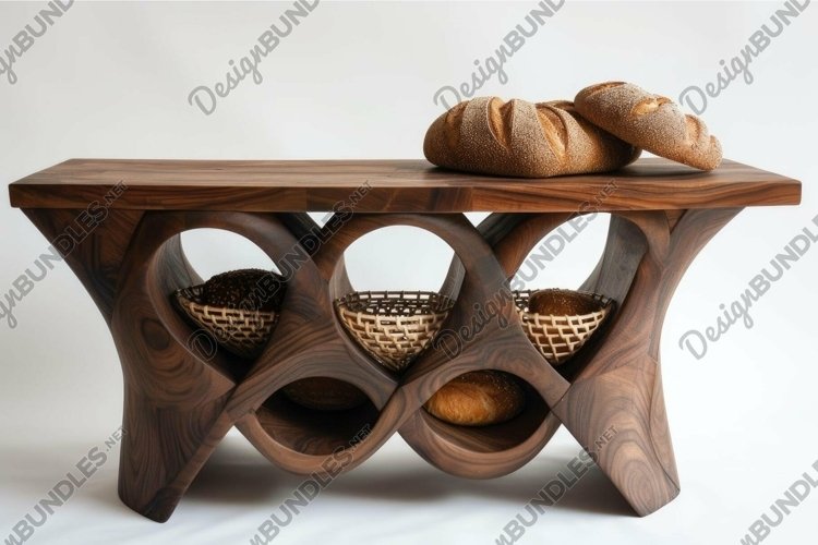 Modern wooden table with artistic design and bread display