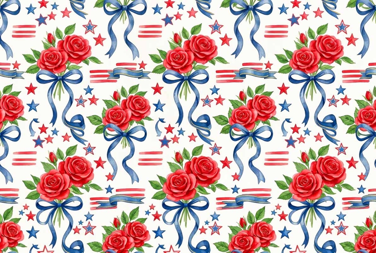 pattern with stars stripes red roses and blue ribbons