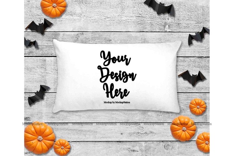 Halloween White Throw Pillow Mockup, Rectangle Fall Cushion example image 1